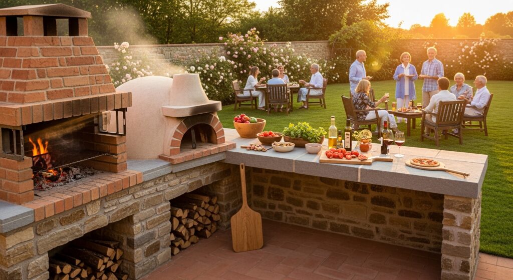 Barbecue con forno pizza integrato in muratura: configurazione affiancata in giardino con piano d'appoggio centrale