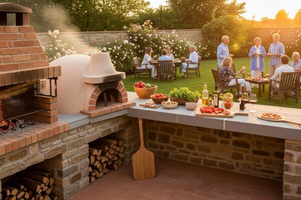 Barbecue con forno pizza integrato in muratura: configurazione affiancata in giardino con piano d'appoggio centrale