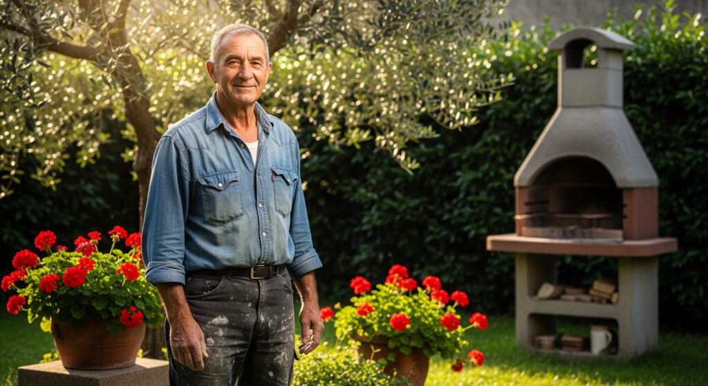 Luca Ferro, muratore in pensione, nel suo giardino a Treviso