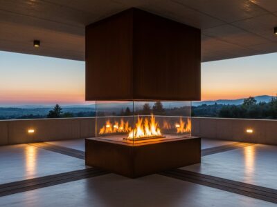 Caminetto Moderno Kubo in acciaio corten con fuoco visibile attraverso il vetro temperato