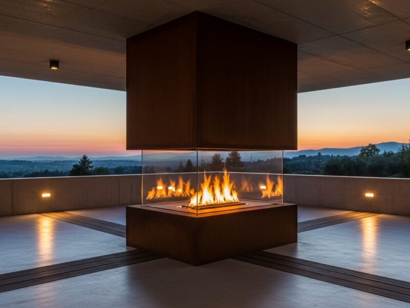 Caminetto Moderno Kubo in acciaio corten con fuoco visibile attraverso il vetro temperato